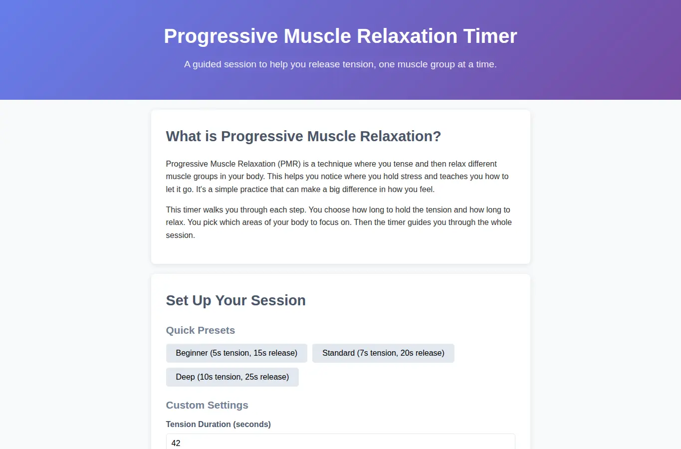 Screenshot of Progressive Muscle Relaxation Timer interface showing the project page in use